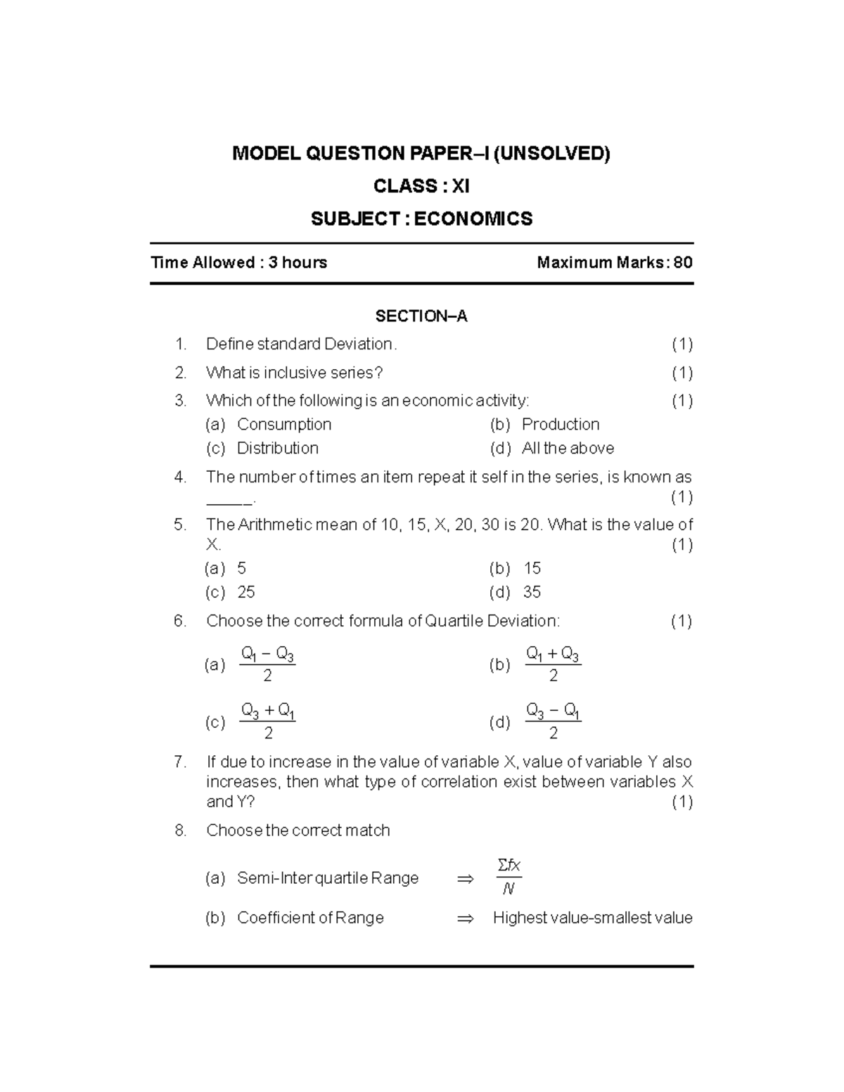 2 - Questions - MODEL QUESTION PAPER–I (UNSOLVED) CLASS : XI SUBJECT ...