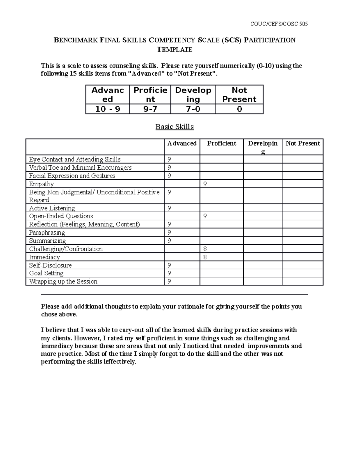 COUC/CEFS/COSC 505 Benchmark Final Skills Competency Scale Template ...