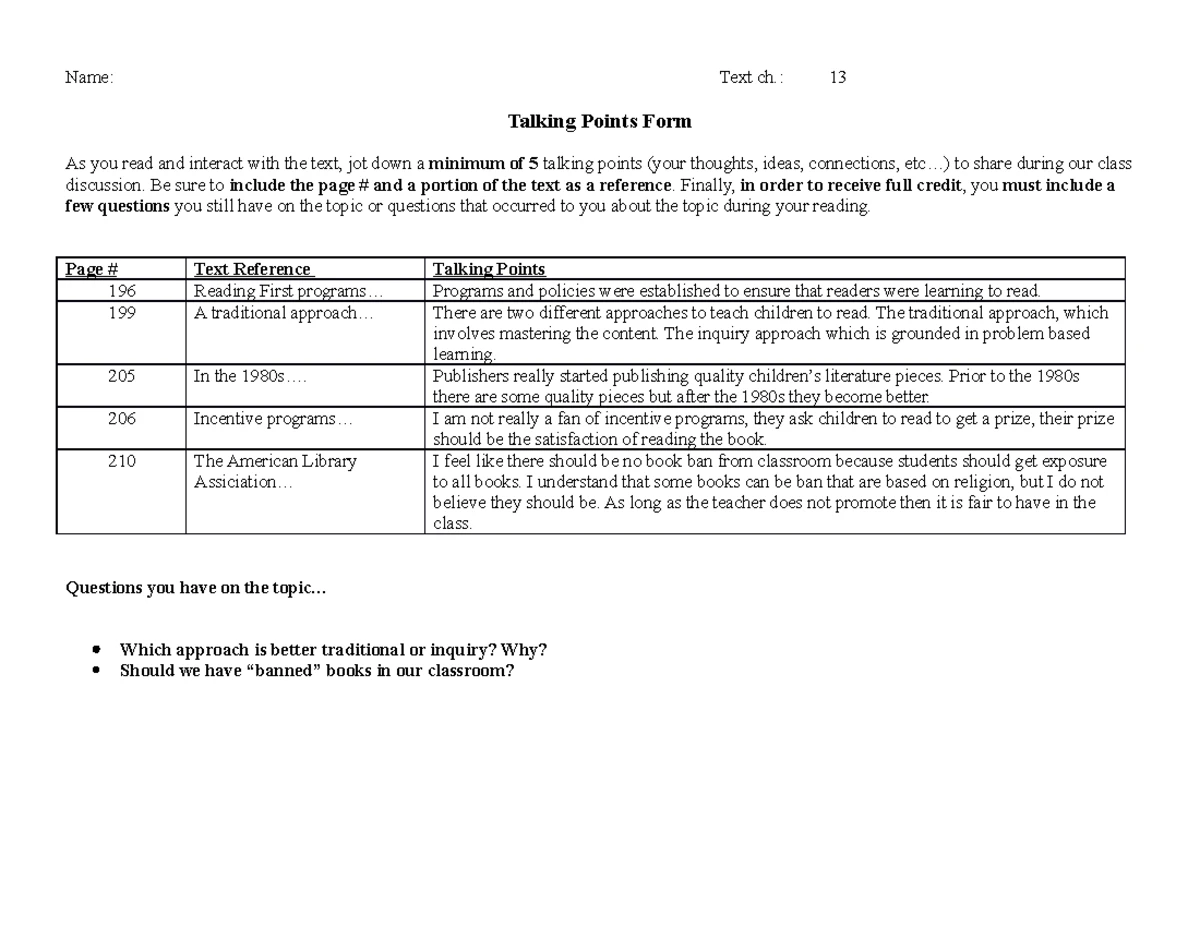 Talking Points 5 - Name: Text ch.: 5 Talking Points Form As you read ...