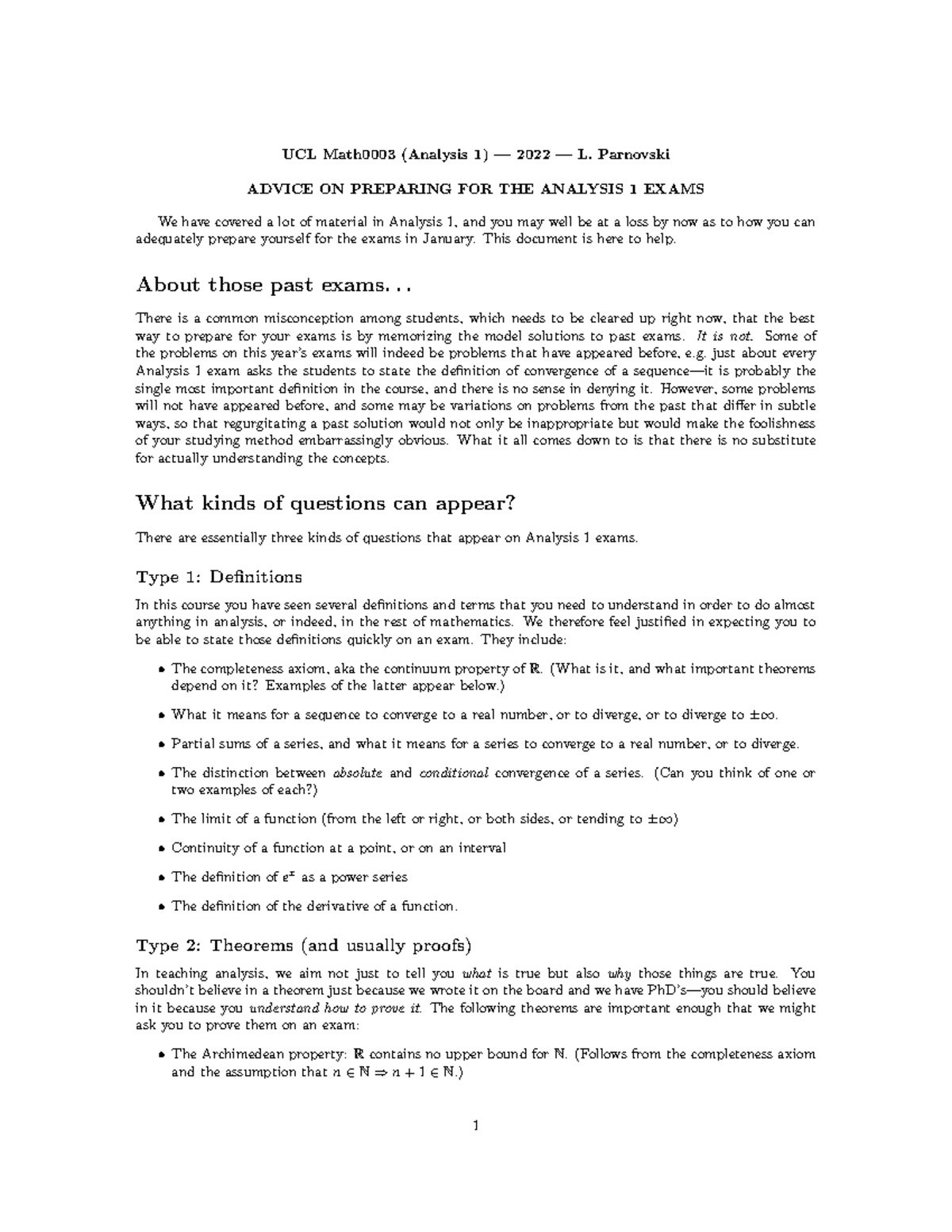 UCL Math0003 Analysis 1 Exam Preparation Guide for 2022 - Studocu