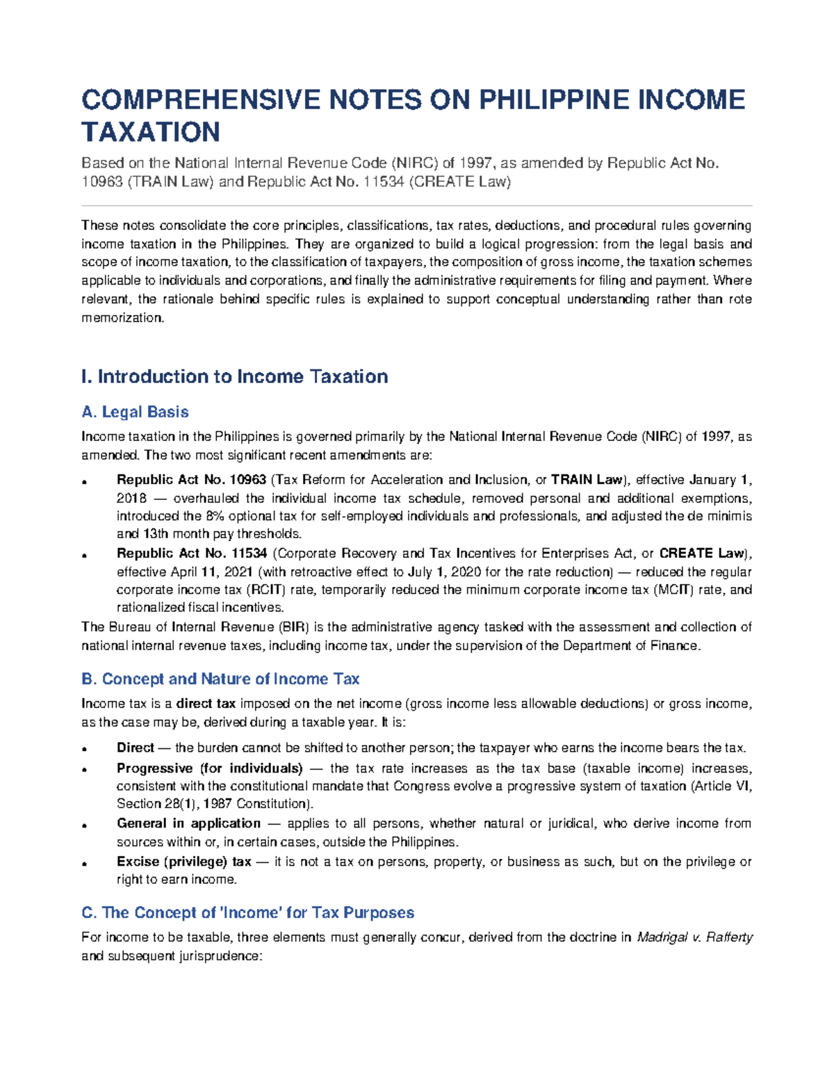 COMPREHENSIVE INCOME TAX NOTES (NIRC 1997, TRAIN & CREATE Laws) - Studocu