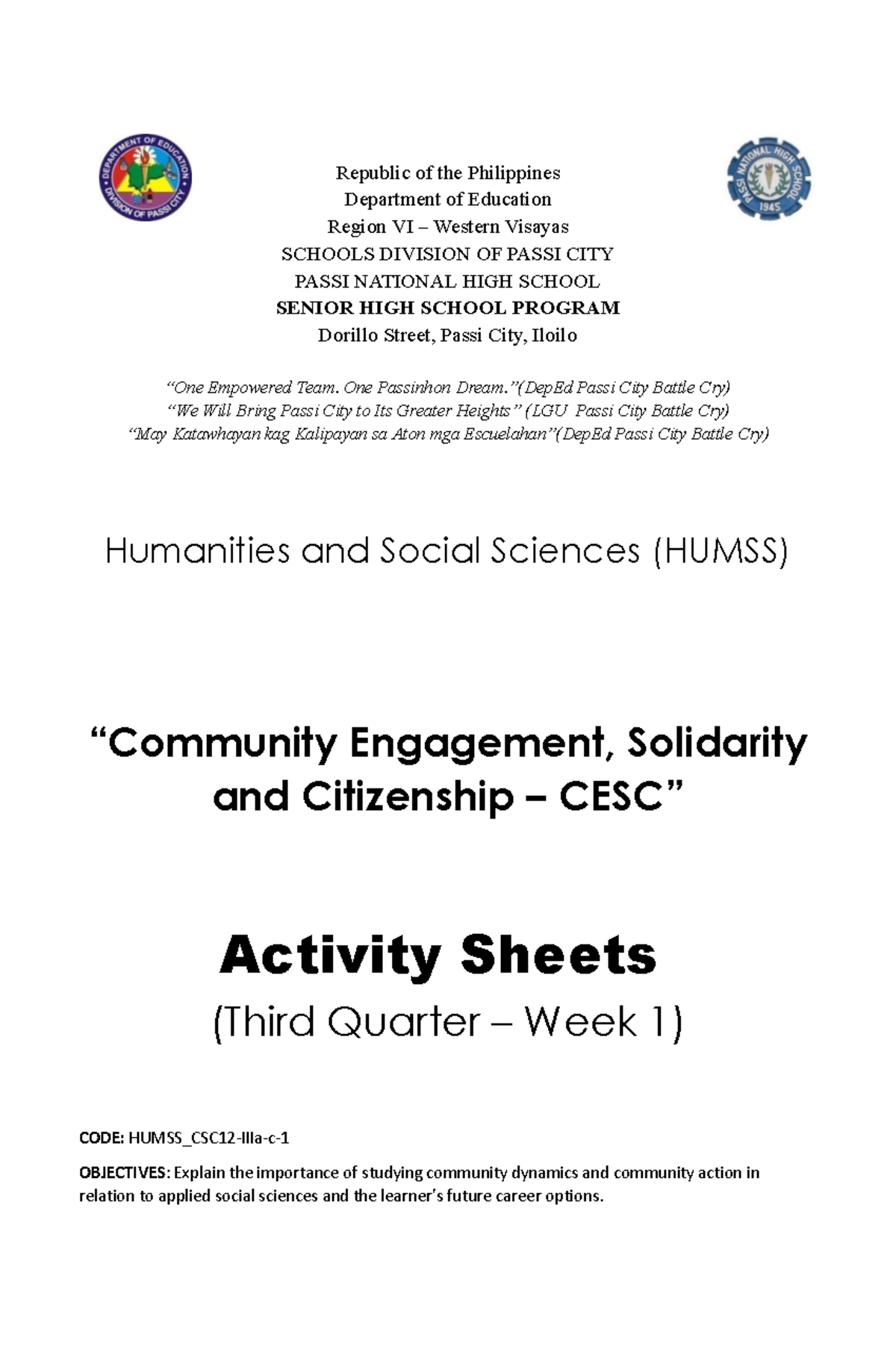 CESC 2022: Week 1 Engagement & Community Dynamics Activity Sheets - Studocu