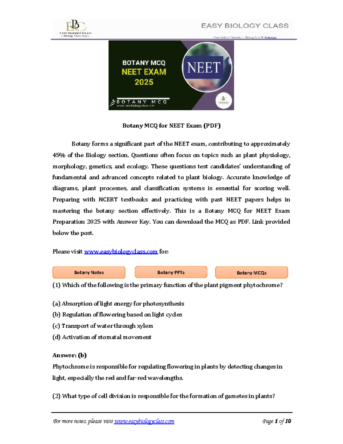 Botany MCQs for NEET Exam Prep 2025 with Answer Key - Studocu