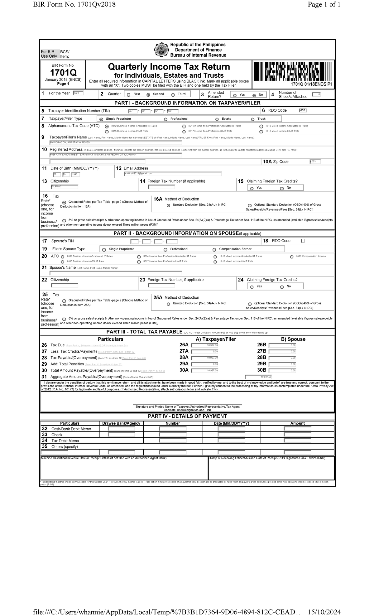BIR Form No. 1701Q: Sample Quarterly Income Tax Return (QTR) 2024 - Studocu