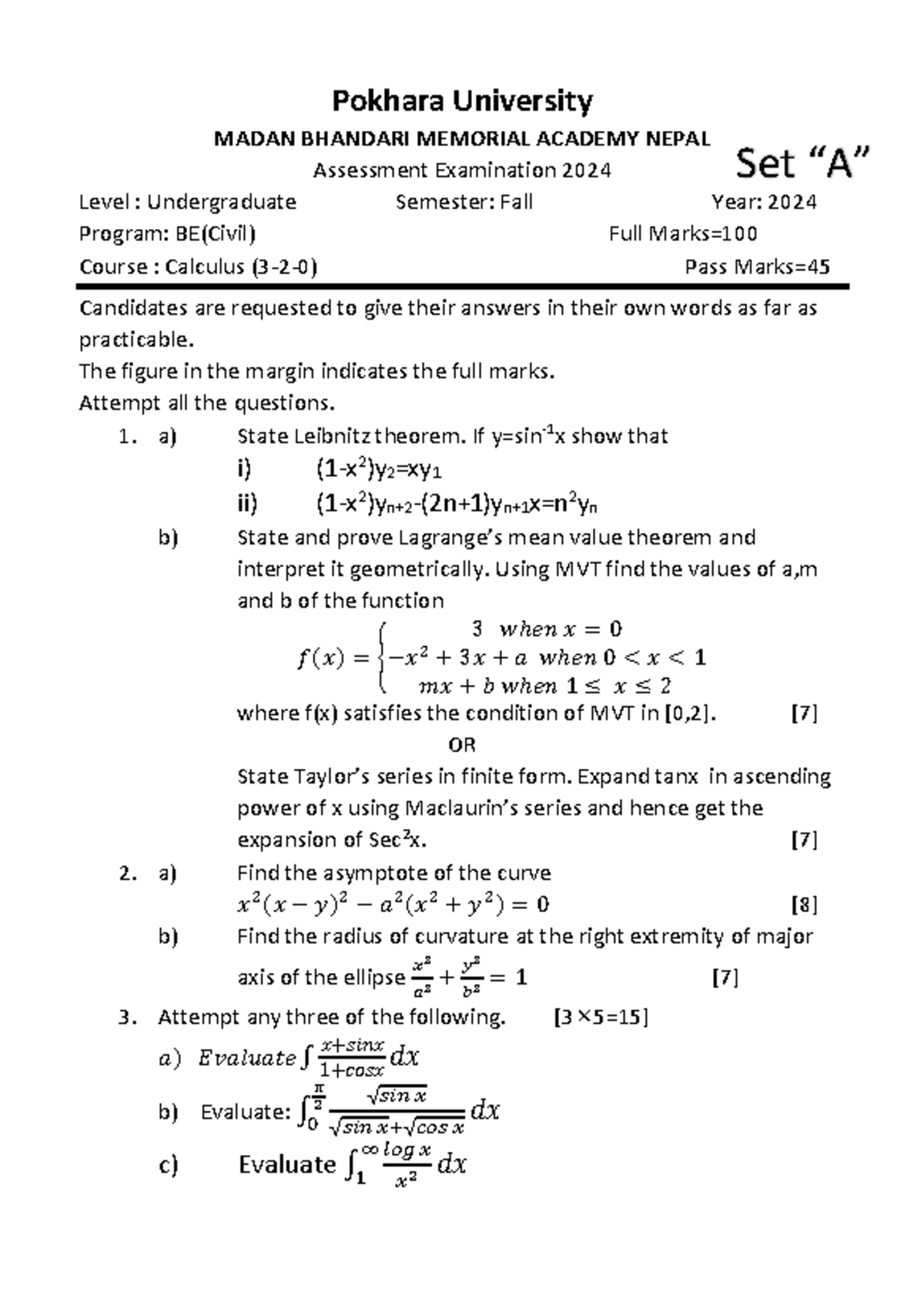 Calculus I Set A and Set B Assessment Exam 2024 - Studocu