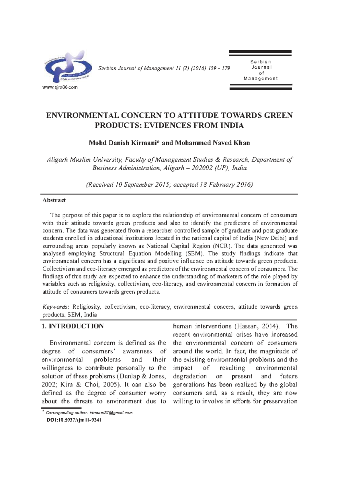 SJM 11 (2) (2016) - Environmental Concern and Attitude Towards Green ...