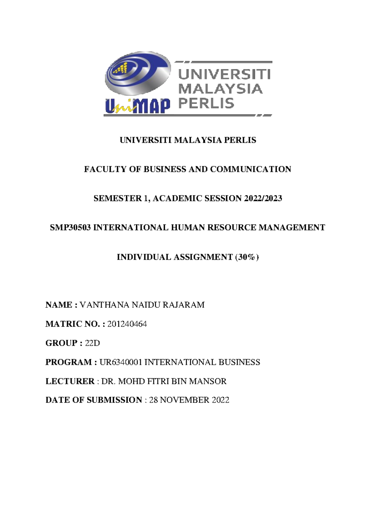 Individual Assignment - UNIVERSITI MALAYSIA PERLIS FACULTY OF BUSINESS ...