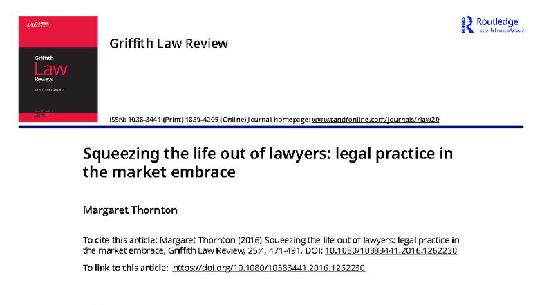 GRIFFITH LAW REVIEW: Squeezing the Life Out of Lawyers in Neoliberal ...