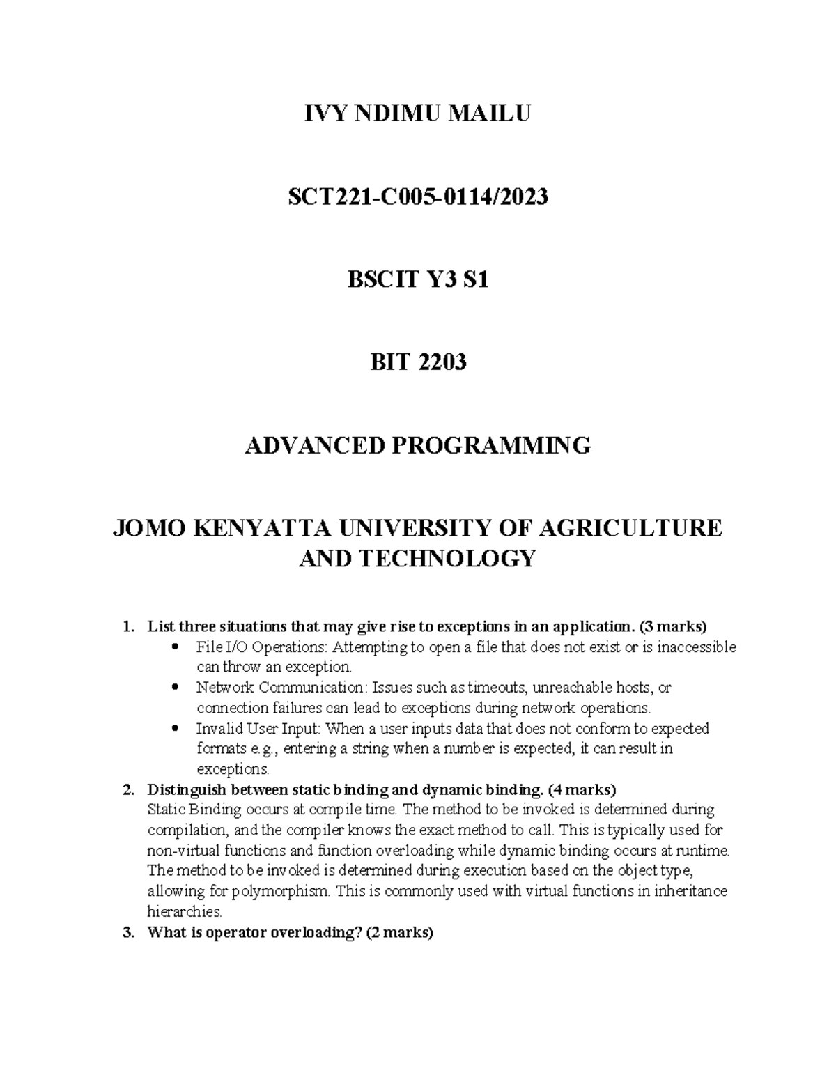ADV PROG - Revision Notes for BIT 2203, BSCIT Y3 S1 - Studocu