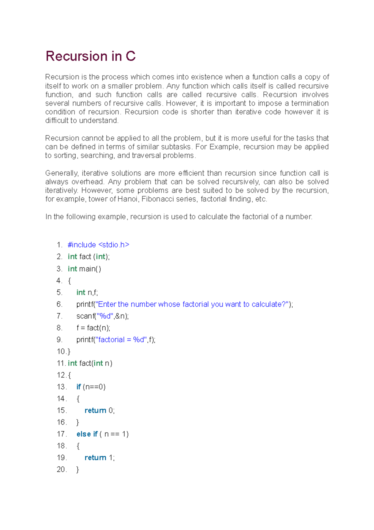 Recursion in C: Key Concepts and Examples - Notes - Studocu