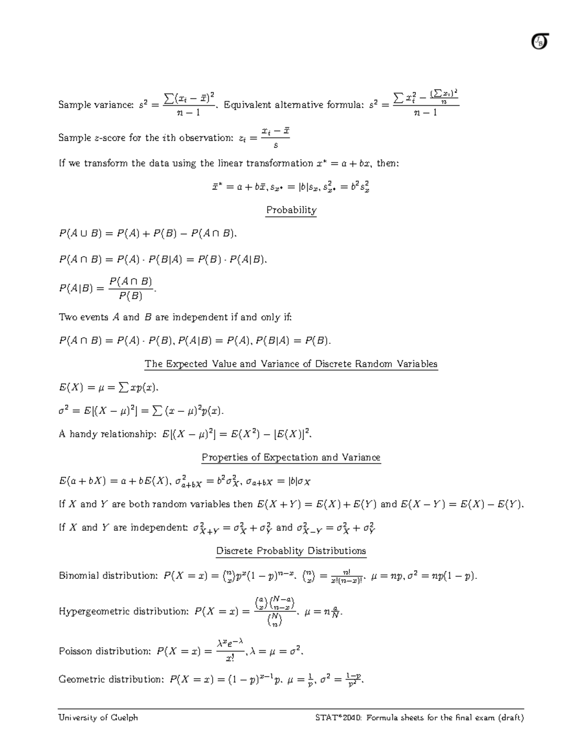2040 W23 Final Exam Formula Sheet for Statistics - Studocu