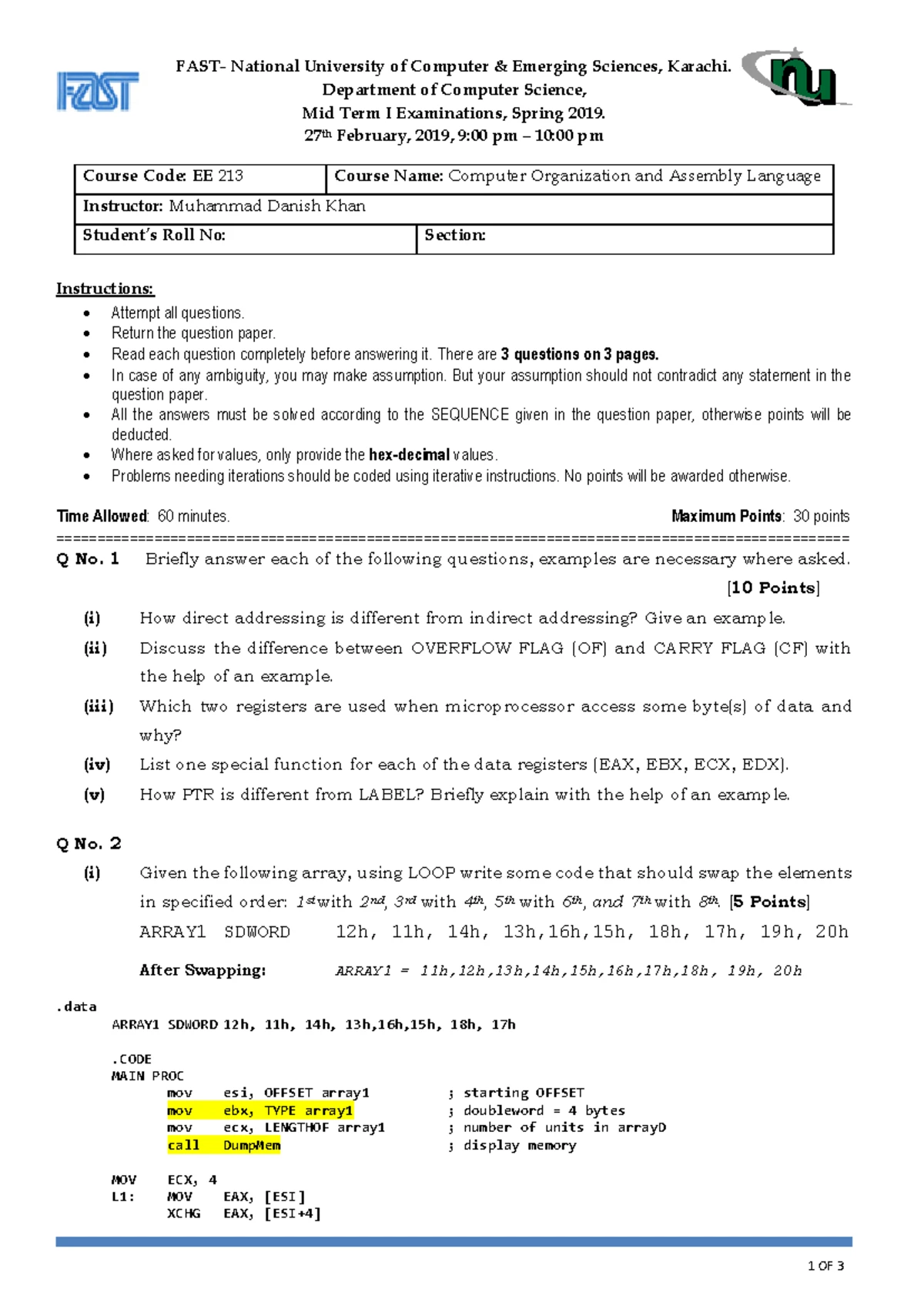 COAL Lab Final Exam Fall'20 - Past Paper and Assembly Program Guide ...