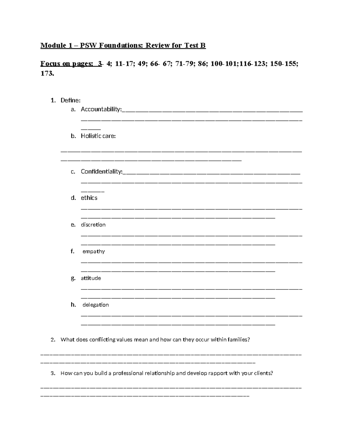 Module 1 - Test B test review - Module 1 – PSW Foundations: Review for ...