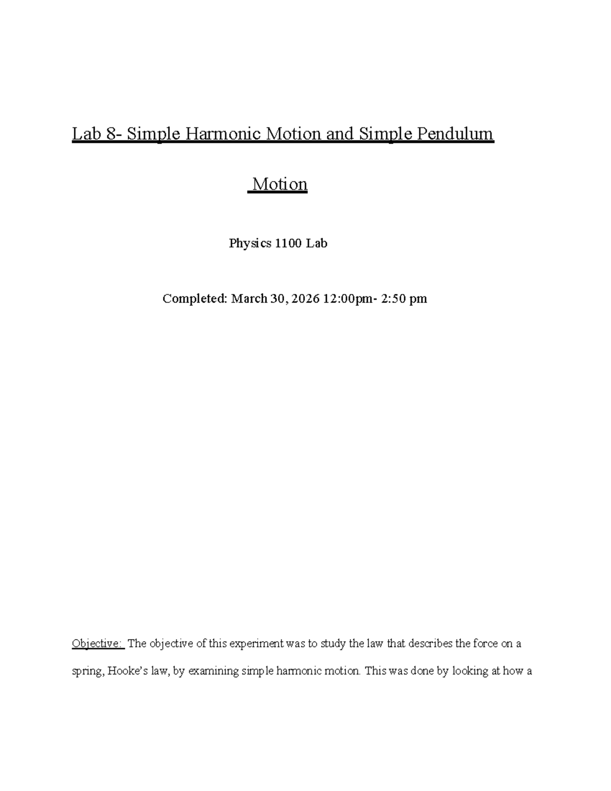 Physics 1100 Lab: Simple Harmonic & Pendulum Motion Analysis - Studocu