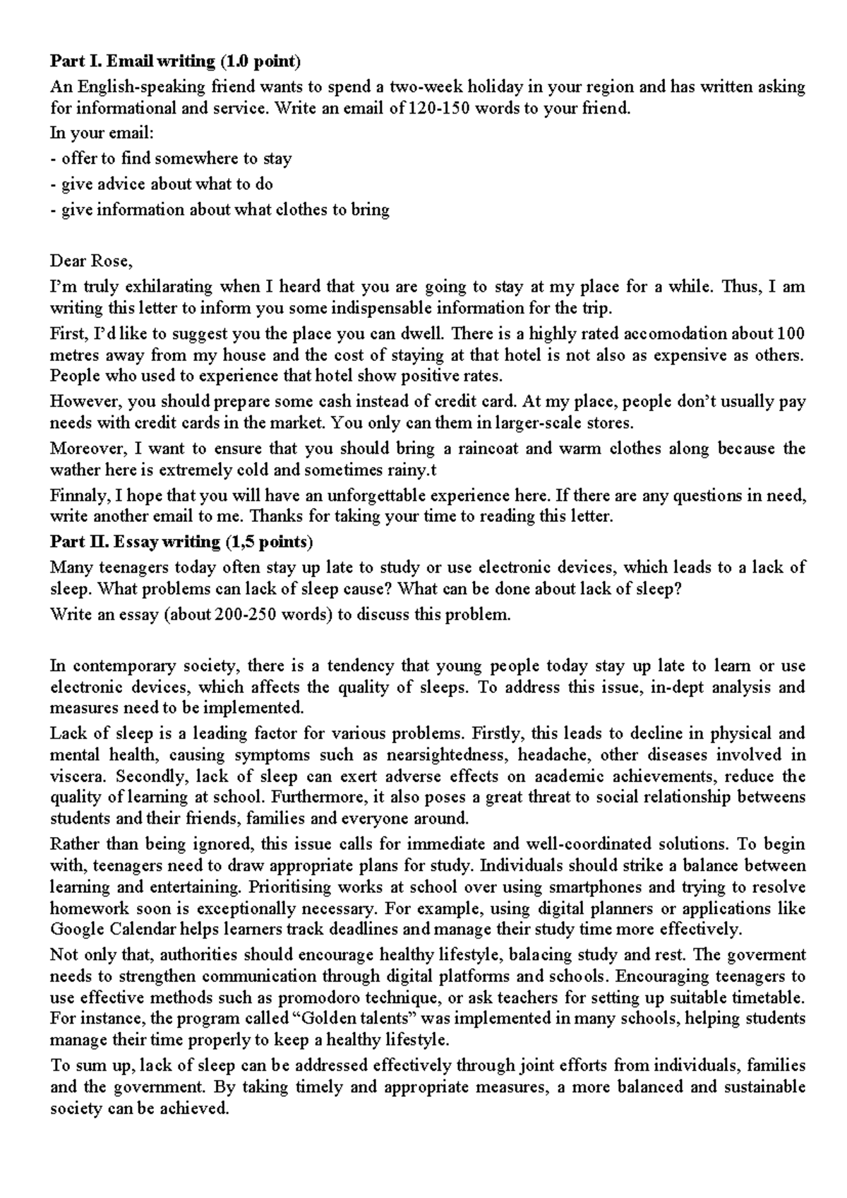 Email Writing and Essay on Sleep Issues - ENG101 - Studocu