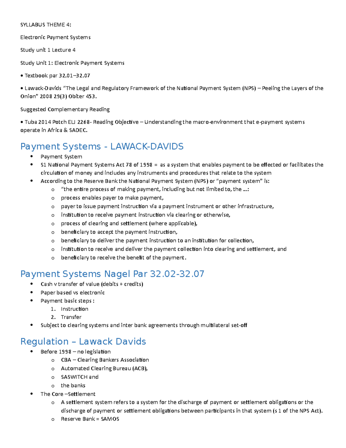 WEEK 3: Lecture on Electronic Payment Systems - Study Unit 1 - Studocu