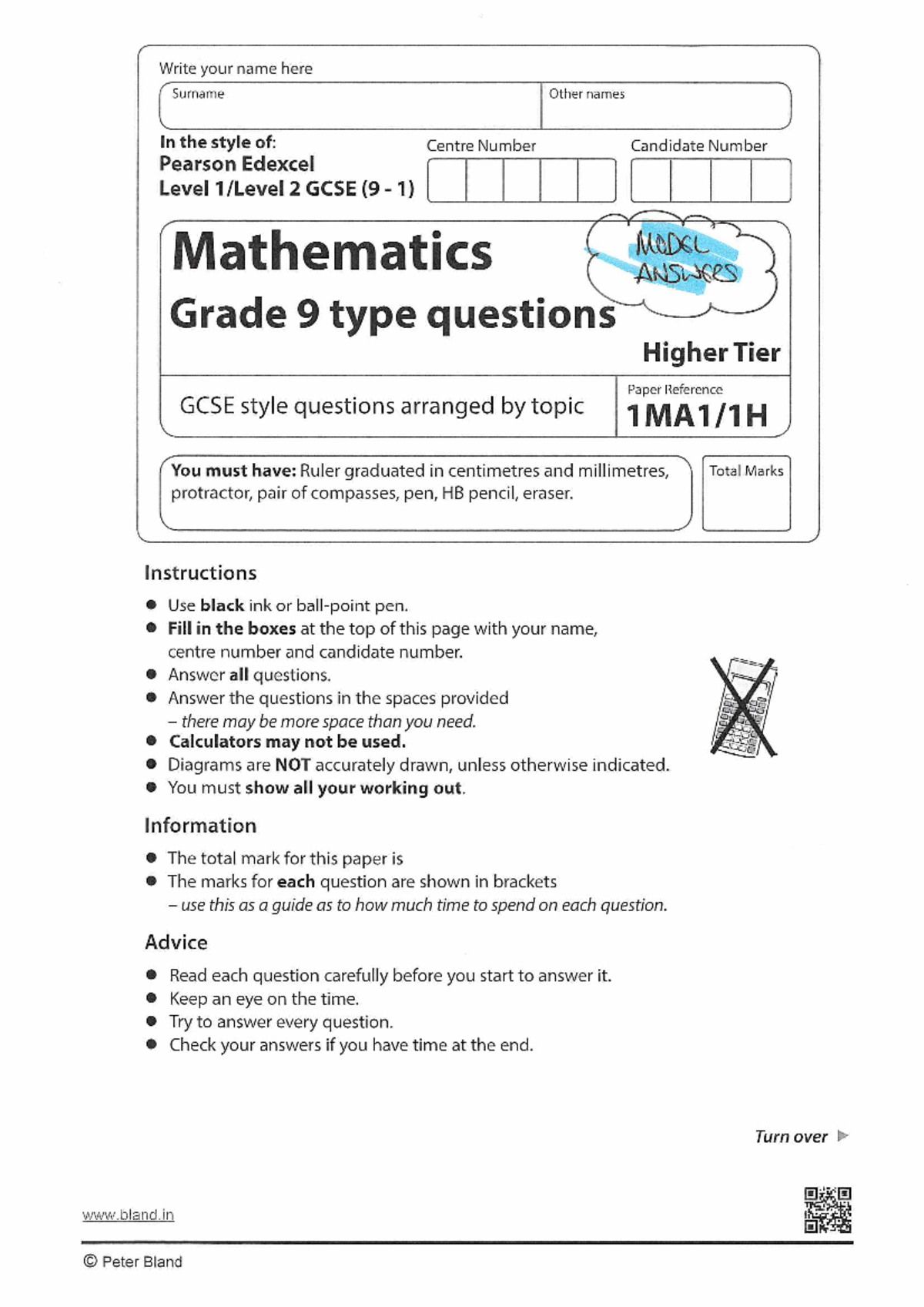 Aiming For 9 (Set 4) GCSE Mathematics Practice Paper 1H MS - Studocu