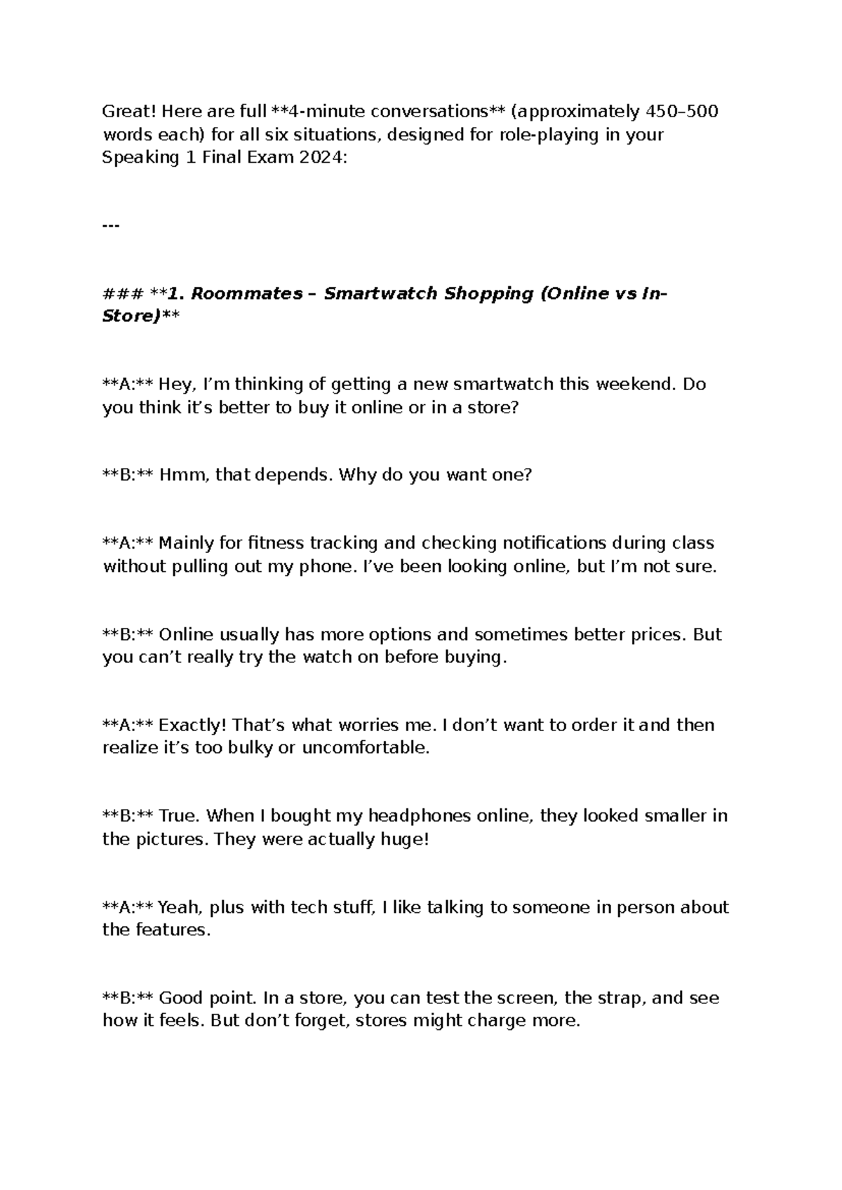 Speaking 1 Final Exam 2024: Situational Dialogues and Tips - Studocu