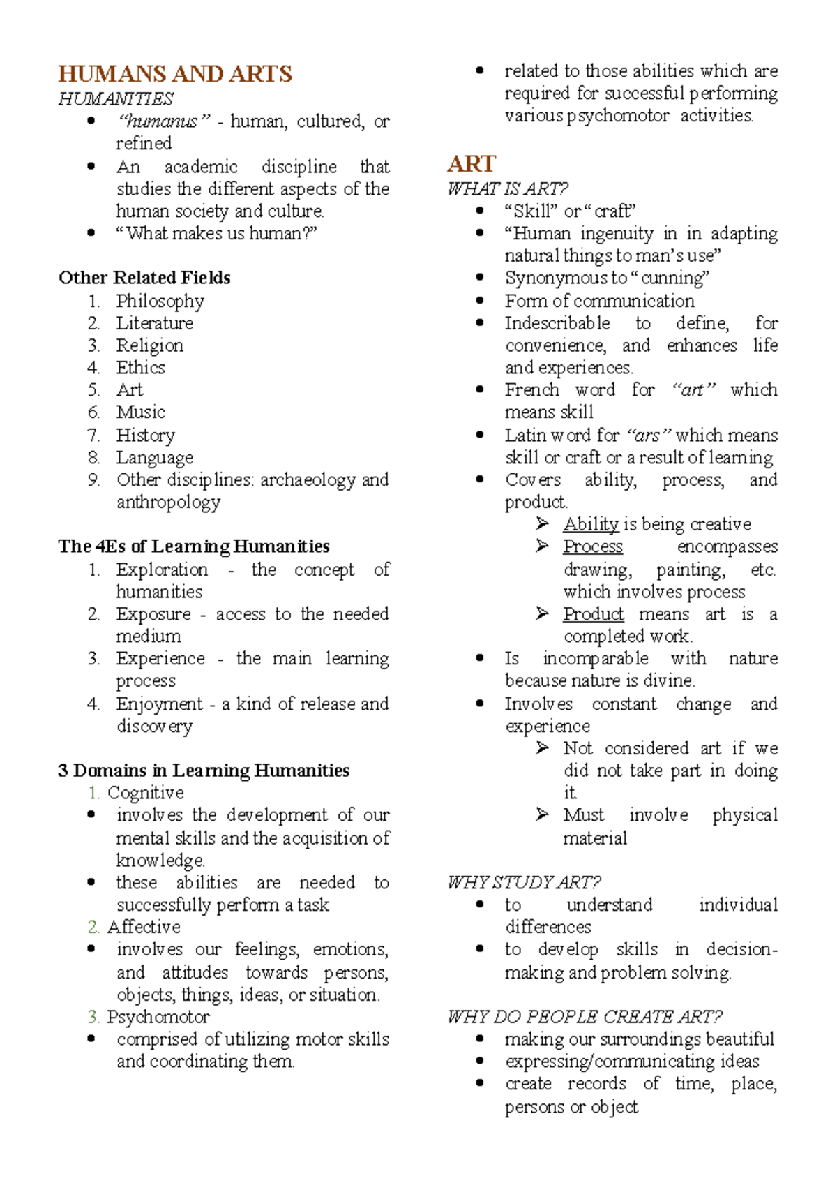 Artnotes 1 - reviewer for art appreciation - HUMANS AND ARTS HUMANITIES ...