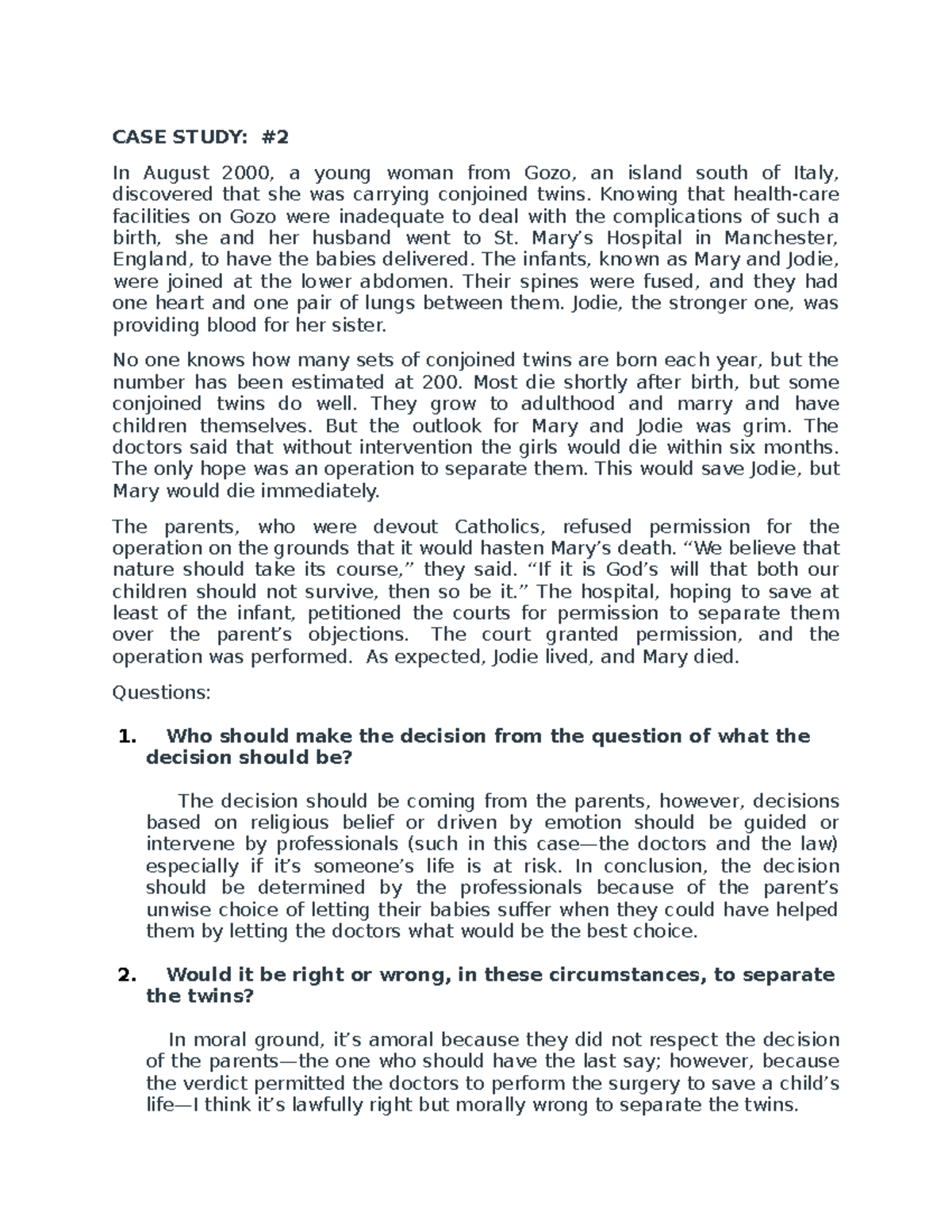 Case Study Number 2 - Ethics - OLFU - Studocu