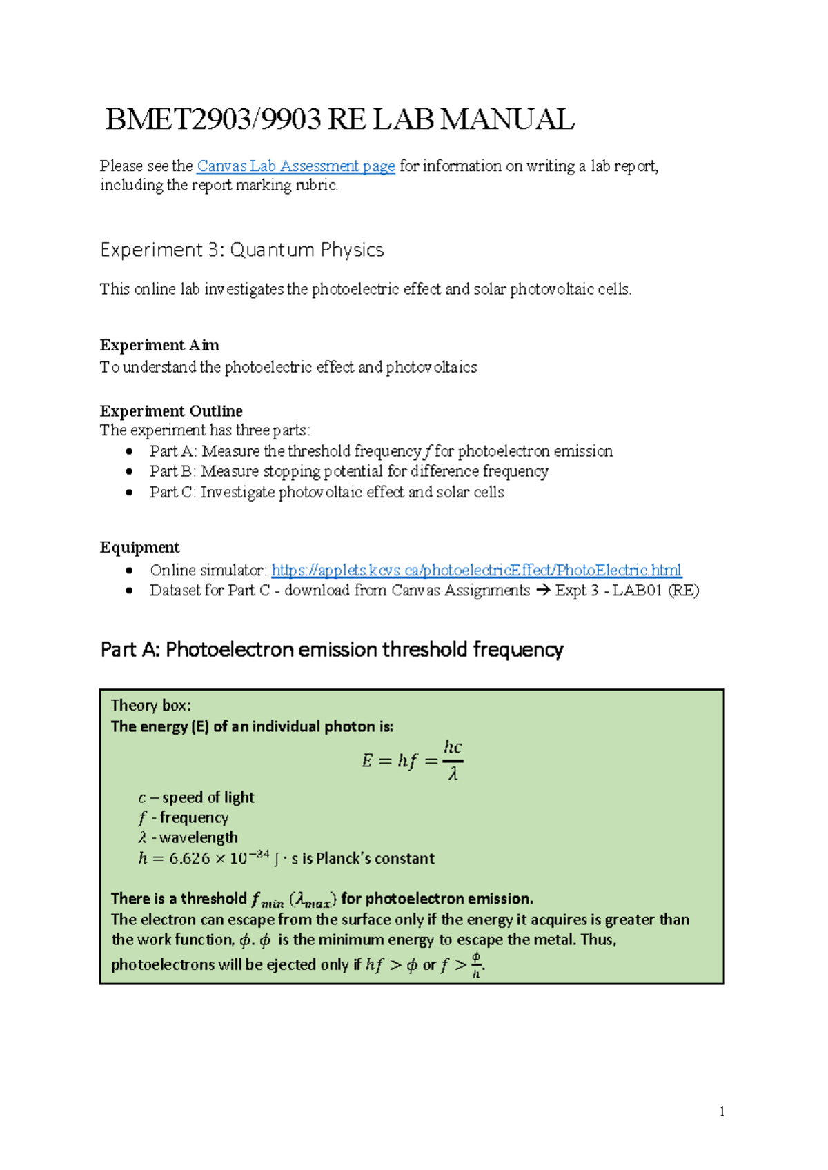 BMET2903/9903 RE Lab Manual - Experiment 3: Photoelectric Effect ...