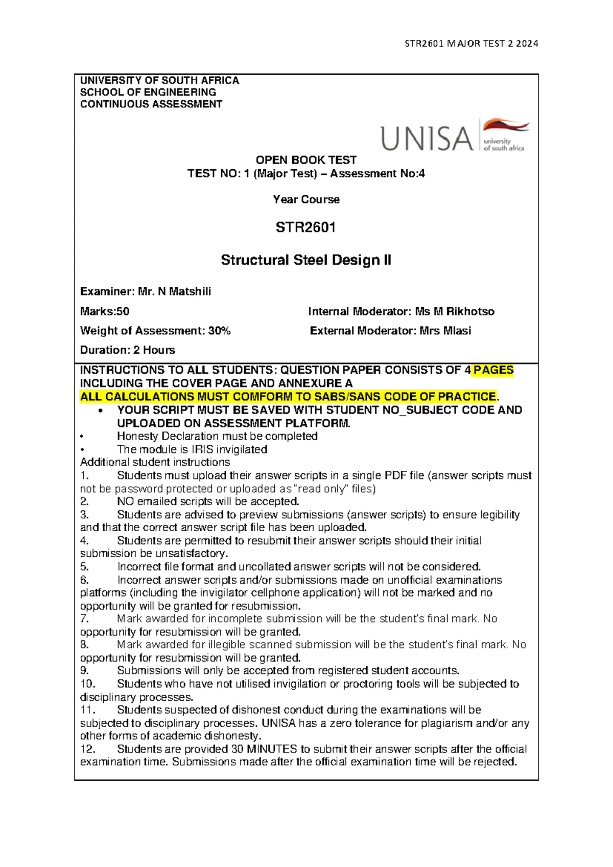 STR2601 Major Test 1: Structural Steel Design II Guidelines 2024 - Studocu