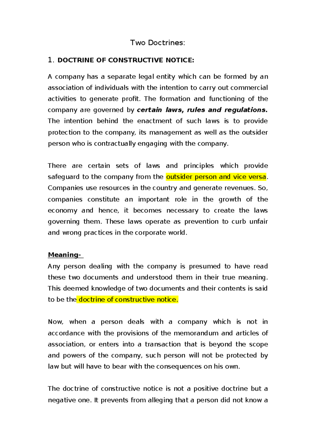 Two Doctrines - Indoor Management and Constructive Notice - Two ...