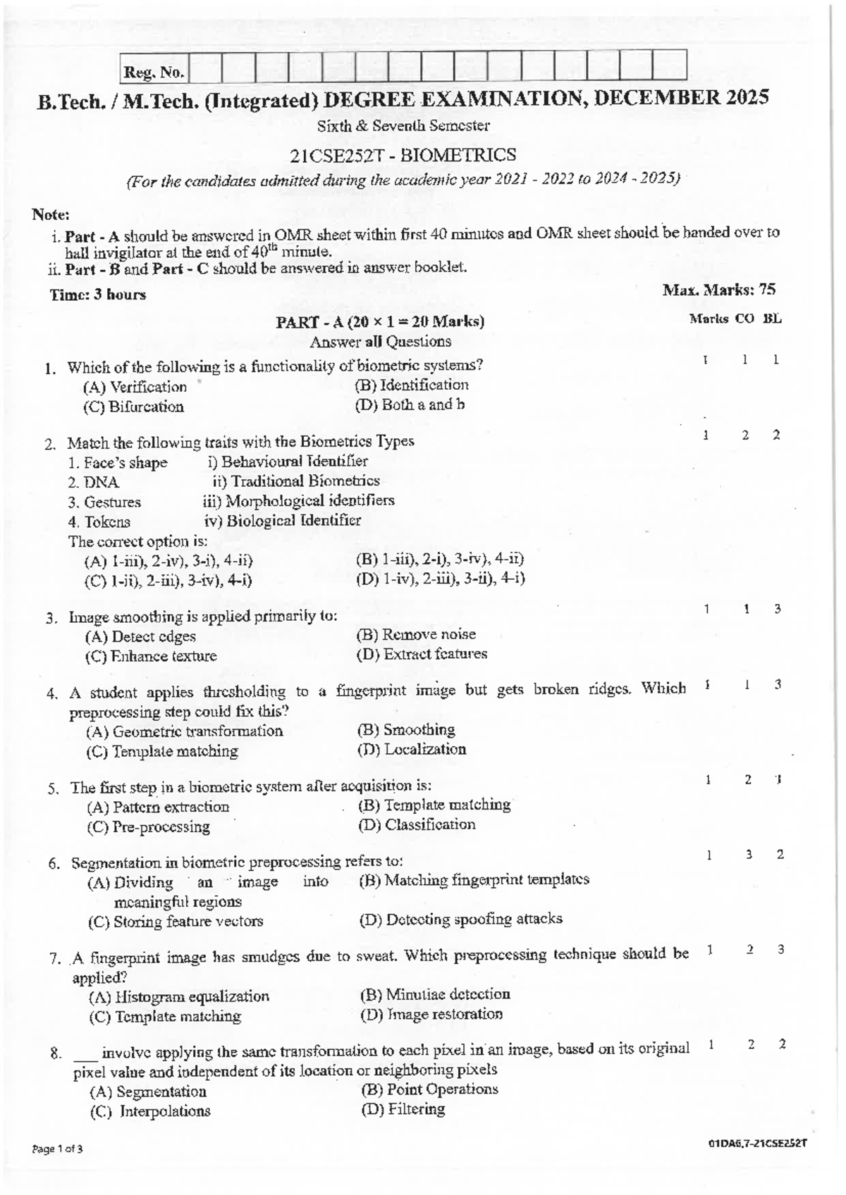 21CSE252T - Biometrics Exam Paper December 2025 - Studocu