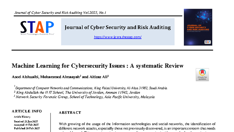 Machine Learning for Cybersecurity Issues: A Systematic Review (CS 2025 ...