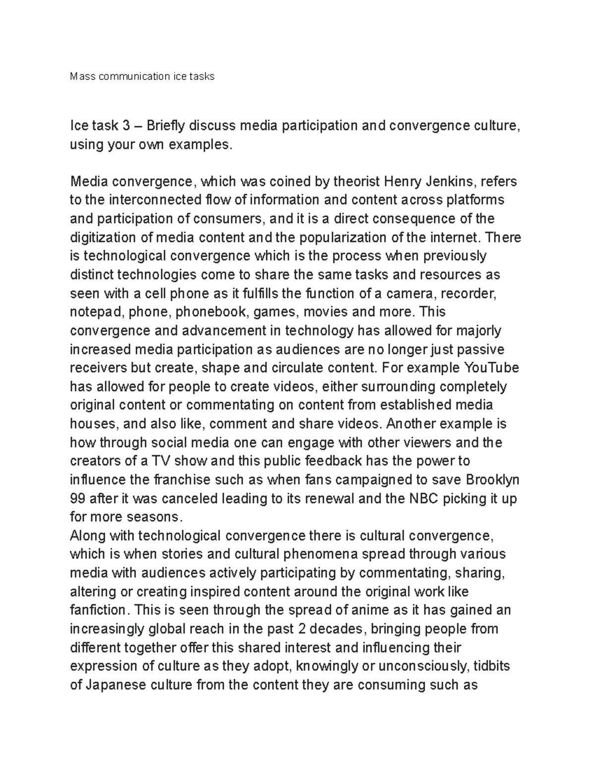Mass Communication ICE Tasks: Media Participation & Convergence Culture ...