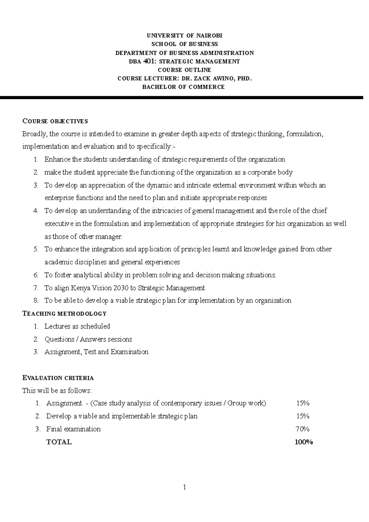 Strategic Management DBA 401 Course Outline latest - UNIVERSITY OF ...