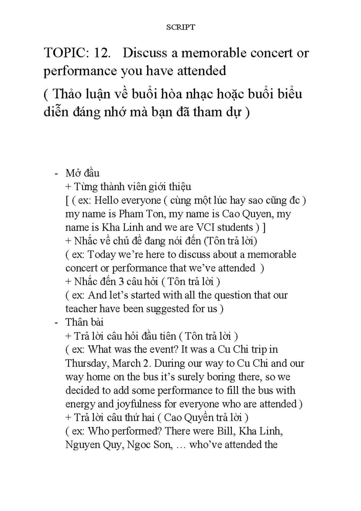 Topic twelves - testing - SCRIPT TOPIC: 12. Discuss a memorable concert ...