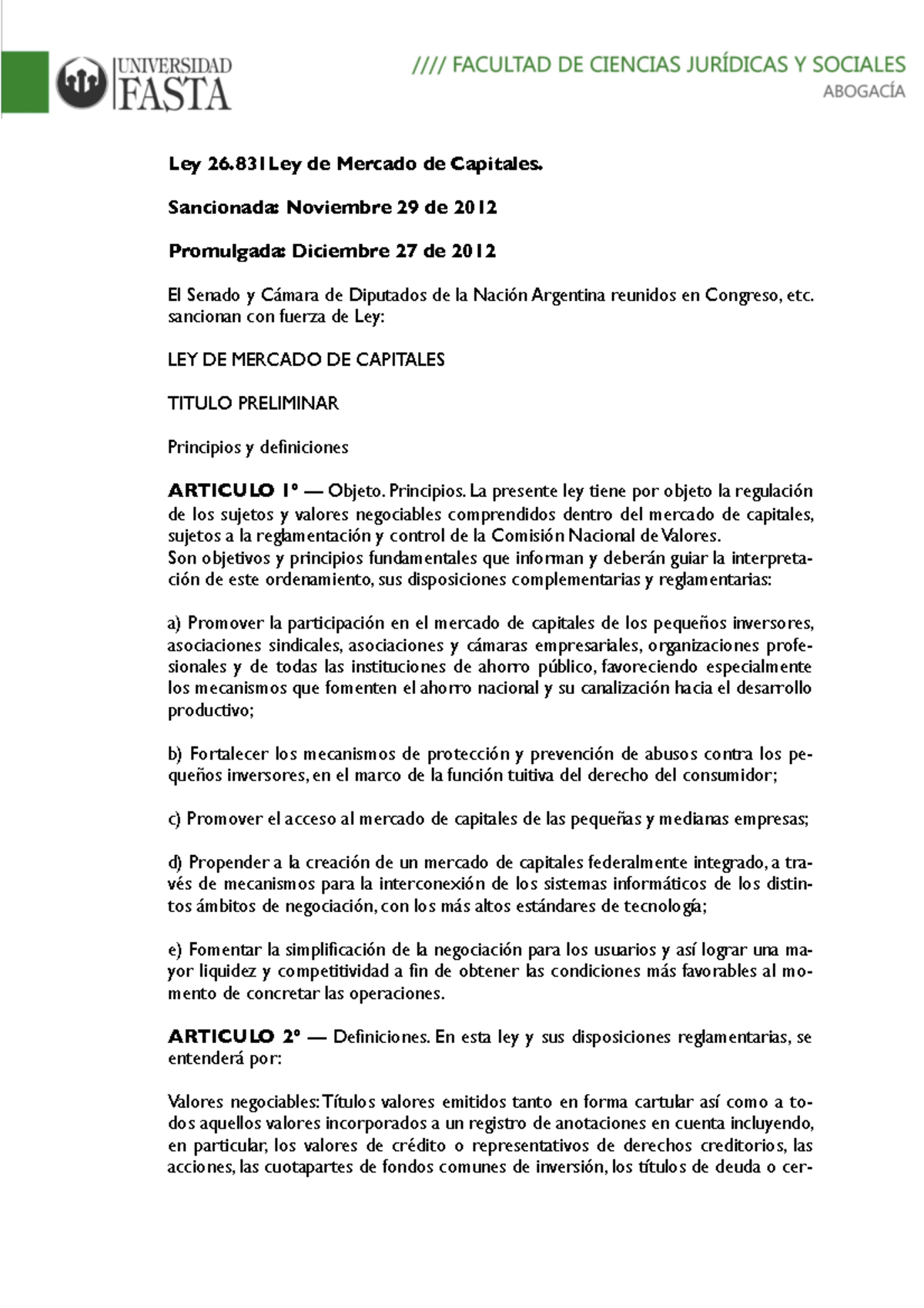 Ley 26.831: Regulación del Mercado de Capitales en Argentina - Studocu
