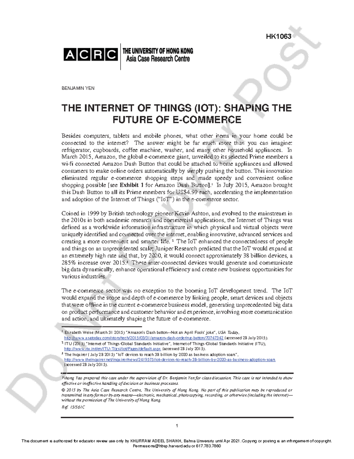 Case Study 05 - HK1063 The Internet of Things (IoT): Shaping the Future ...