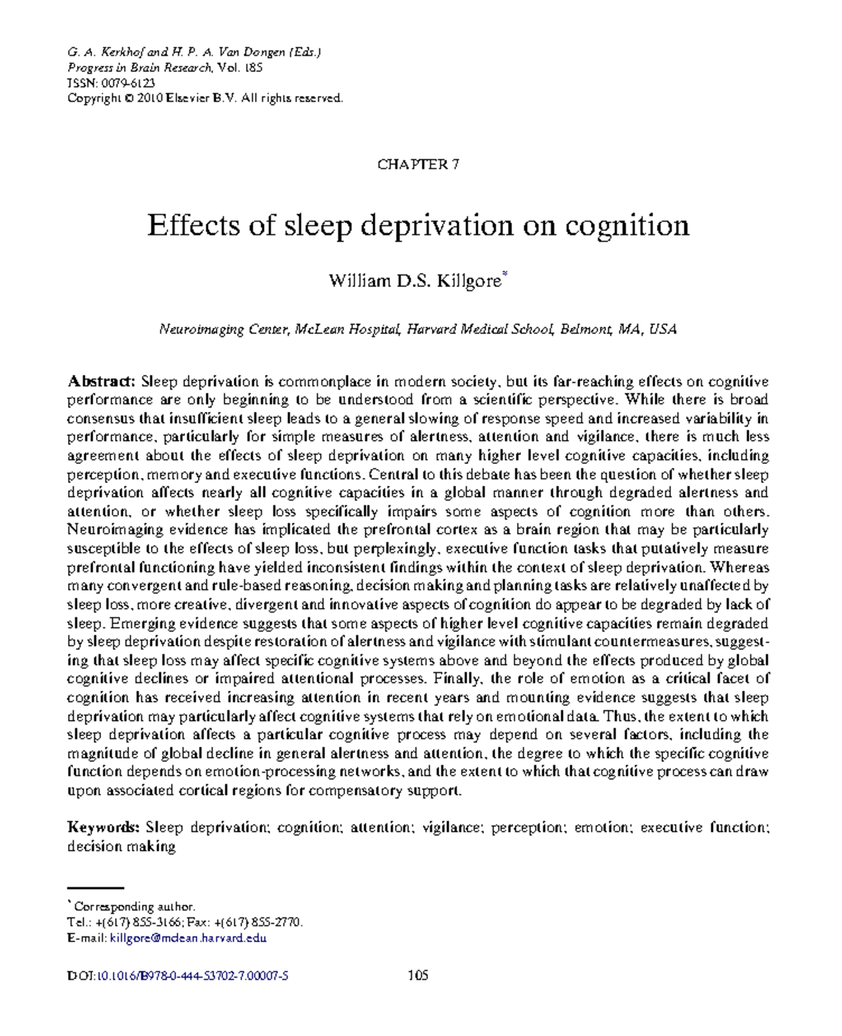 Effects of Sleep Deprivation on Cognition - A Review by Killgore 2010 ...