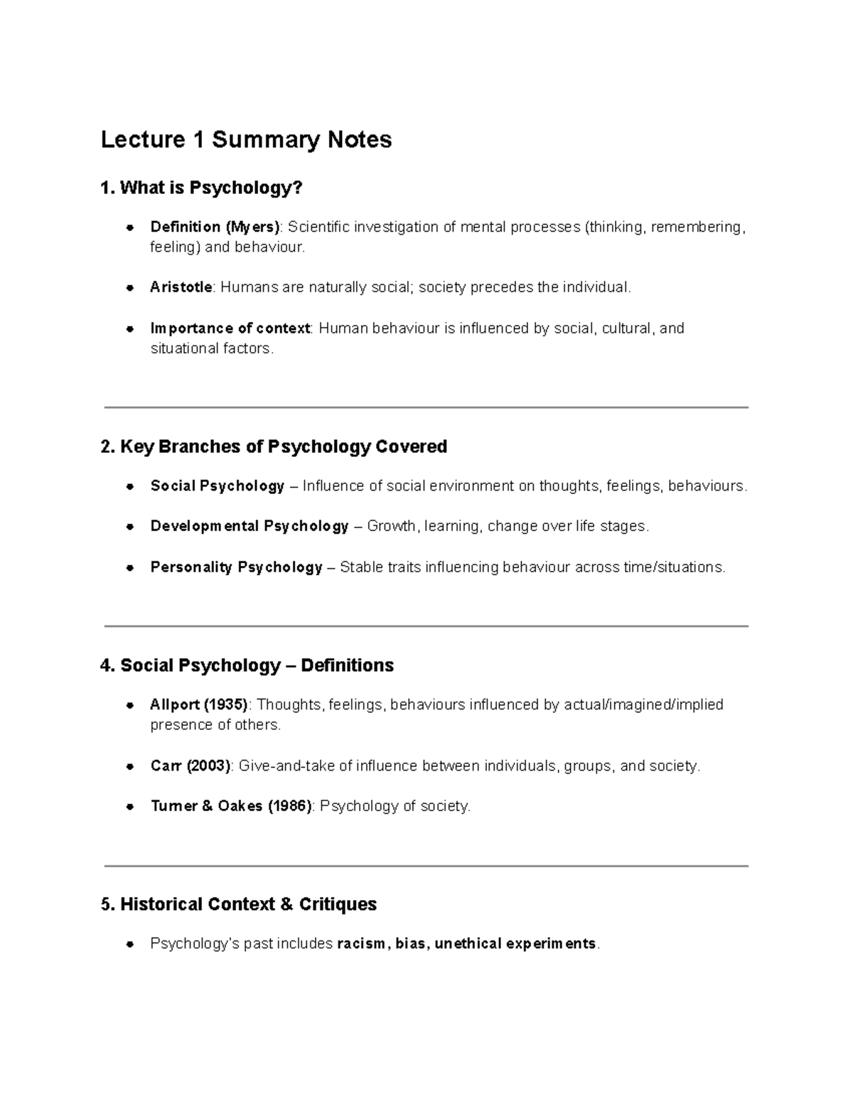 Social PSYC1004 Lecture Notes: Introduction to Psychology and Key ...