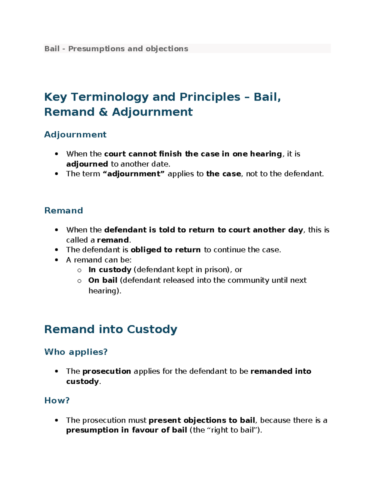 Workshop 4: Bail Presumptions, Objections, and Key Principles - Studocu