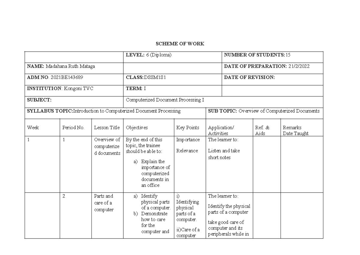 DSSM1S1 Cdp 1 Scheme of Work: Computerized Document Processing I - Studocu