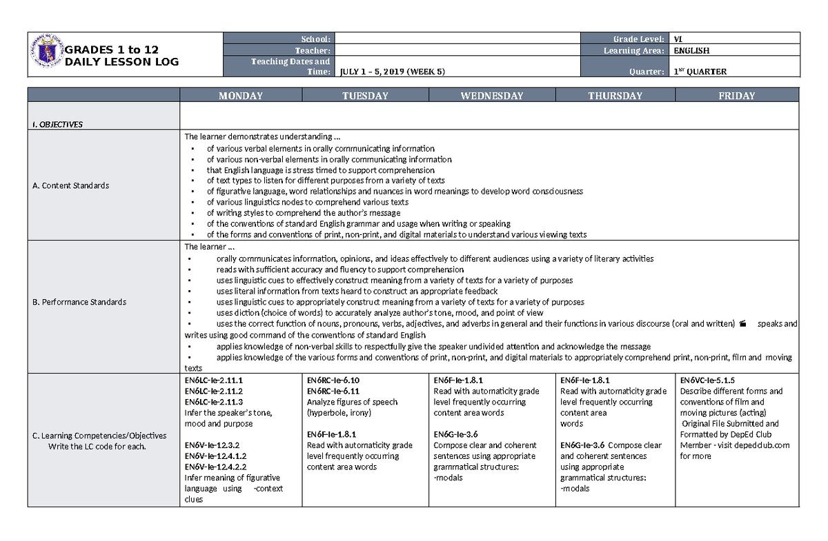 DLL English 6 Q1 Week 5 Daily Lesson Log - Studocu