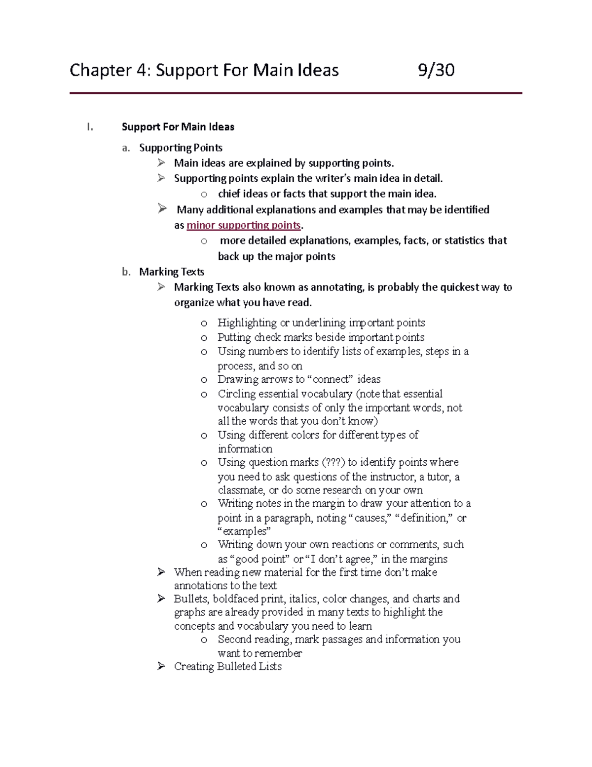 NOC - Chapter 4 Notes: Supporting Main Ideas & Text Marking Techniques ...