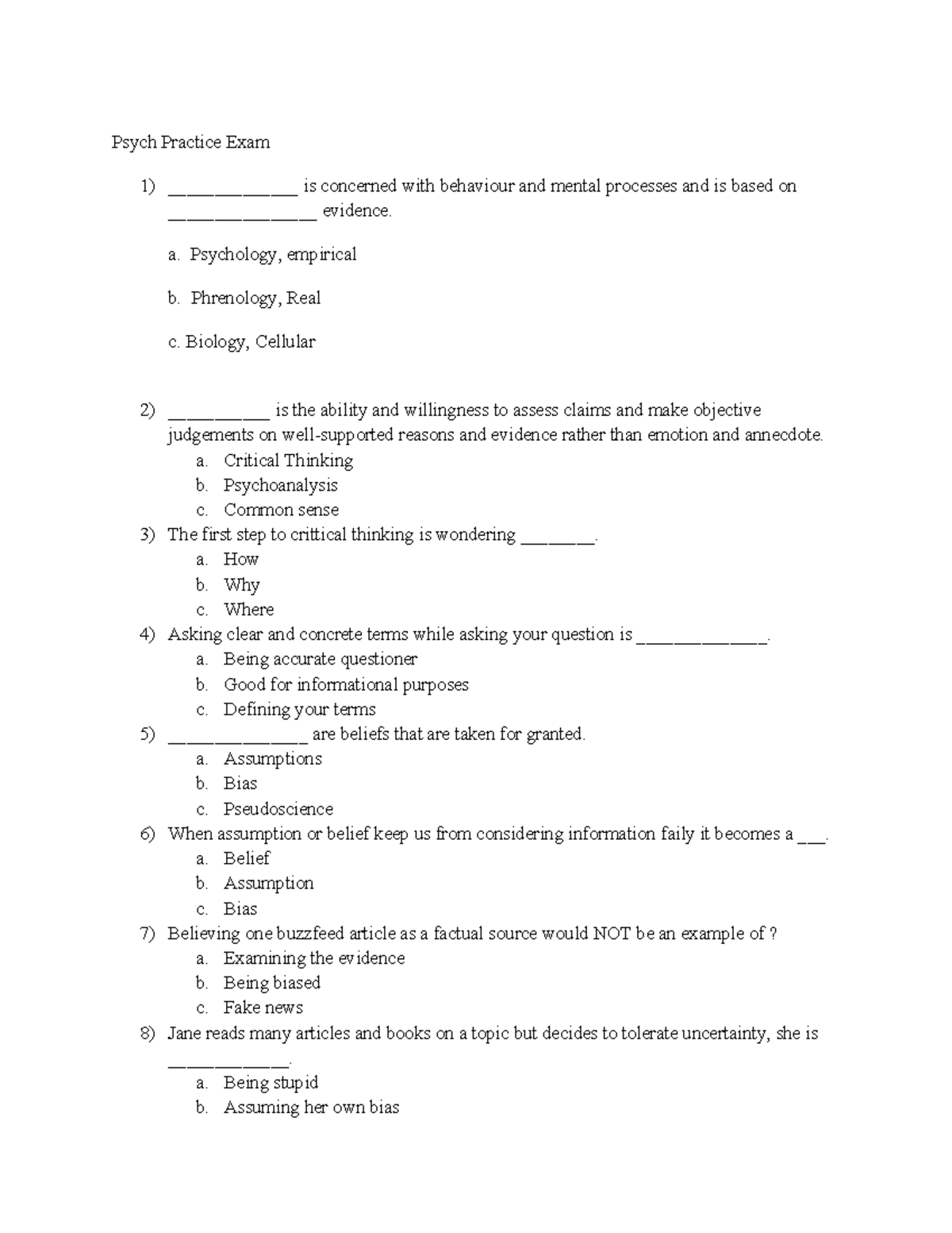 Psych 101 Final Exam Practice Questions on Critical Thinking and ...