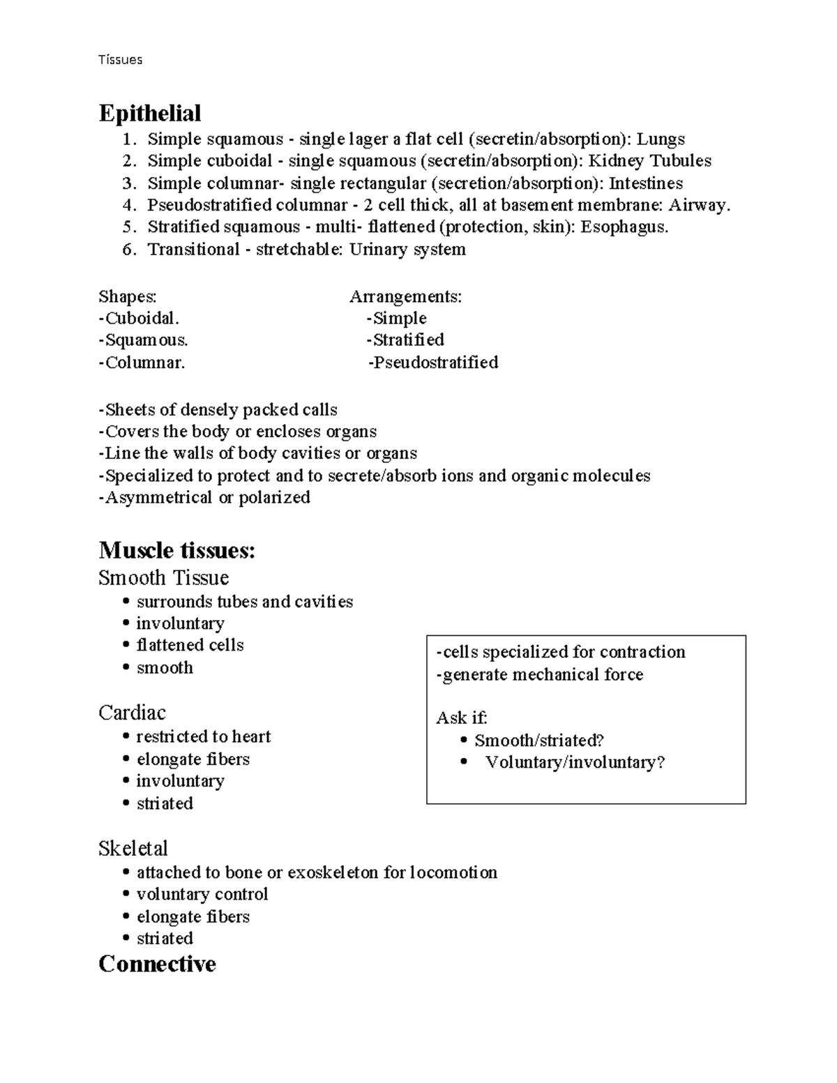 Bio Tissues SI - Epithelial & Muscle Tissue Notes - Studocu