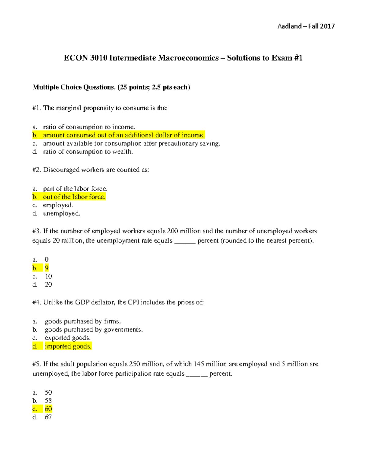 ECON 3010 Fall 2017 Exam 1 Solutions - December 2018 Multiple Choice ...