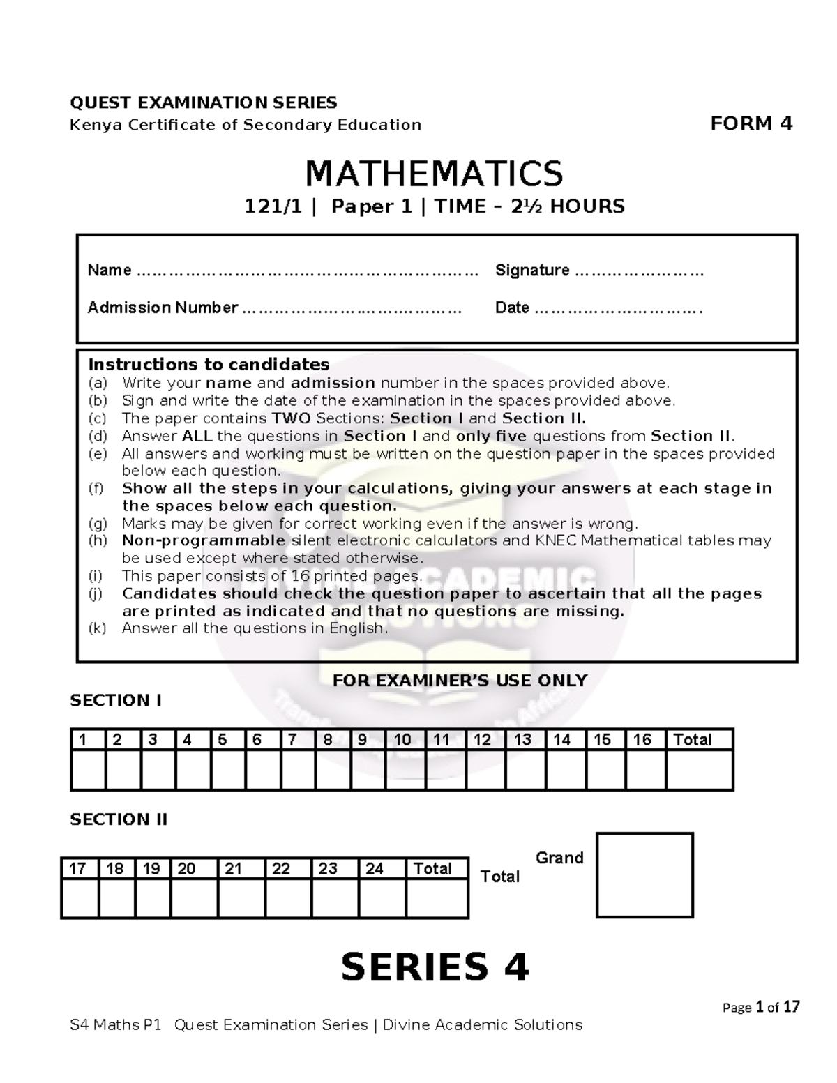 F4 Math P1 Exam - Kenya Certificate of Secondary Education 121/1 - Studocu