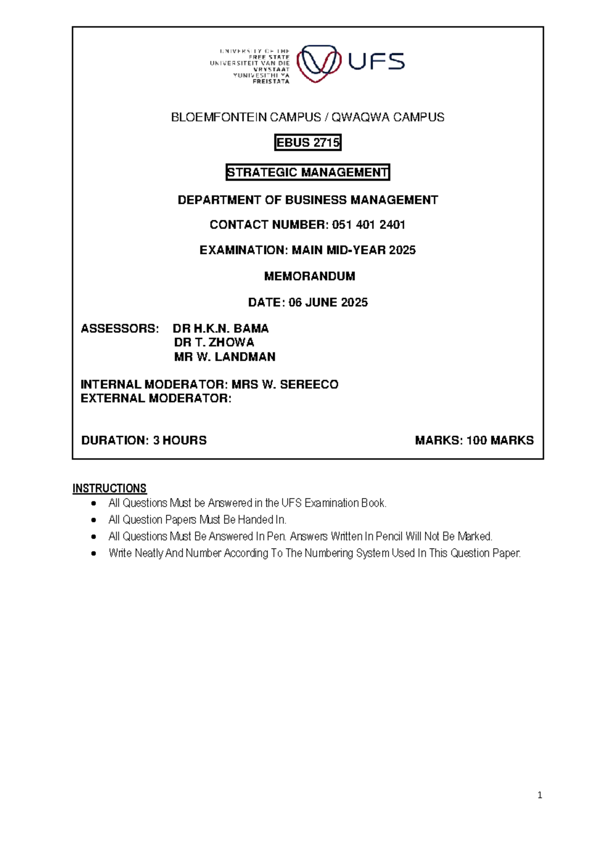 EBUS 2715 Strategic Management Mid-Year Exam Memo 2025 - Studocu