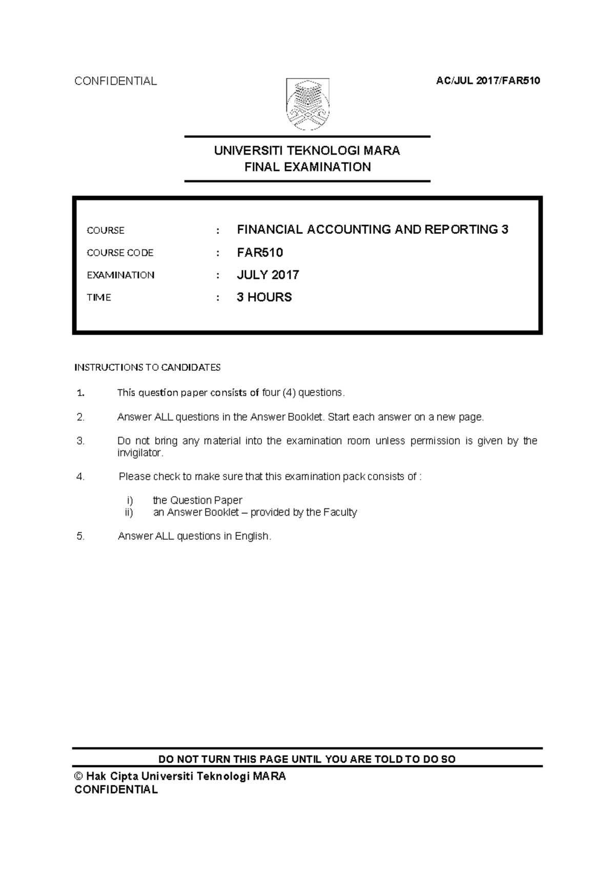 Final Examination Questions - Financial Accounting and Reporting FAR510 ...