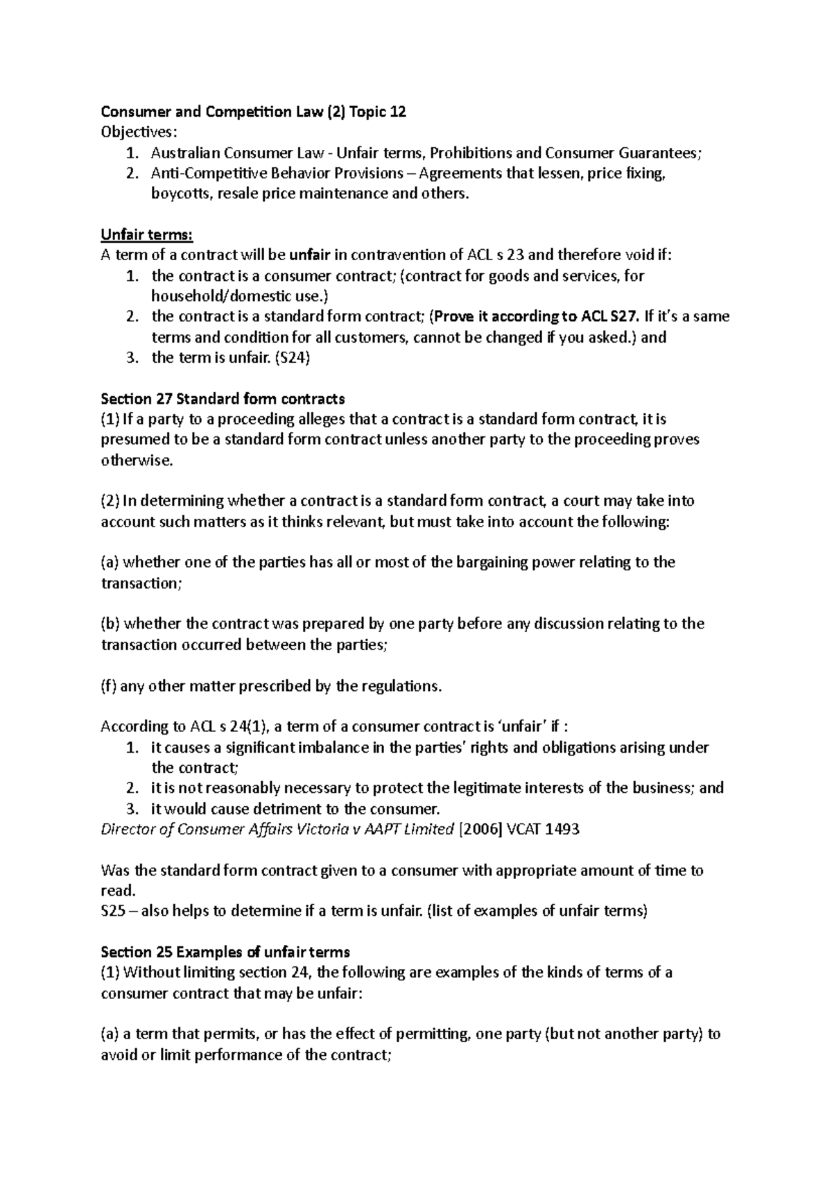 Lecture notes, lectures Week 11 - 14 - Consumer and Competition Law (2 ...