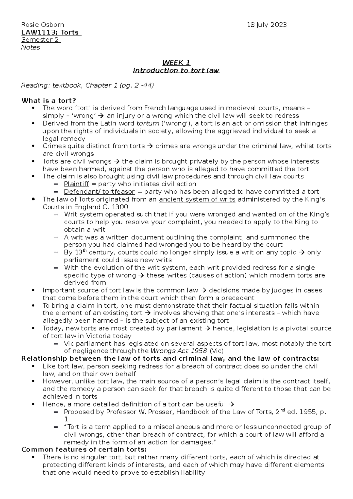 LAW1113 Torts Semester 2 - Comprehensive Master Notes - Studocu