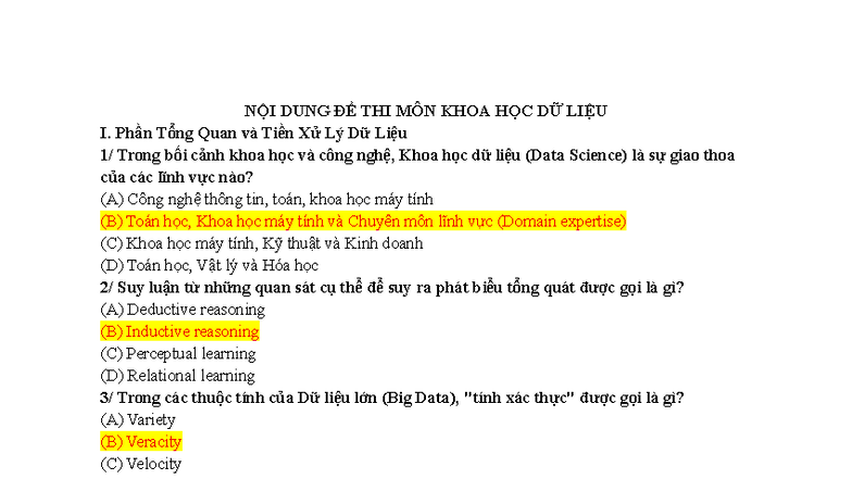 Đề Giữa Kỳ Môn Khoa Học Dữ Liệu (KHDL) - Nội Dung Đề Thi - Document Preview