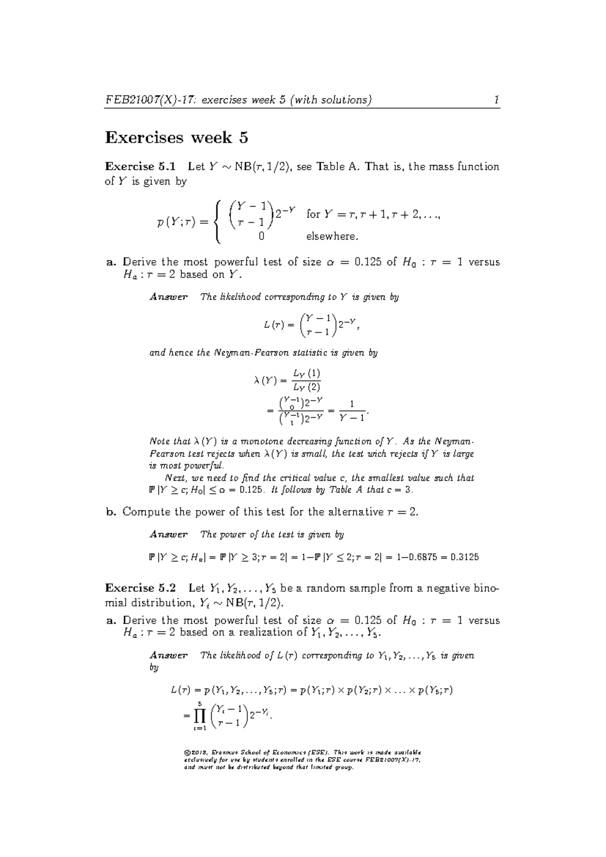 FEB21007(X)-17: Week 5 Exercises with Detailed Solutions - Studeersnel